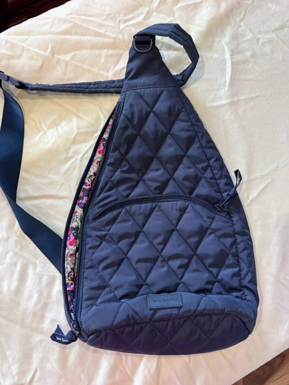 Vera Bradley Navy Quilted Sling Backpack Floral Lining Crossbody